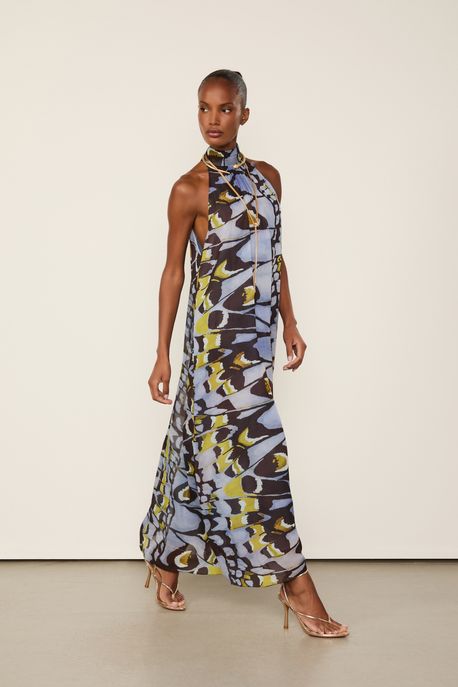 Vestido Curto Com Gola Alta Estampado Est Textura Fairydust Azul - 44