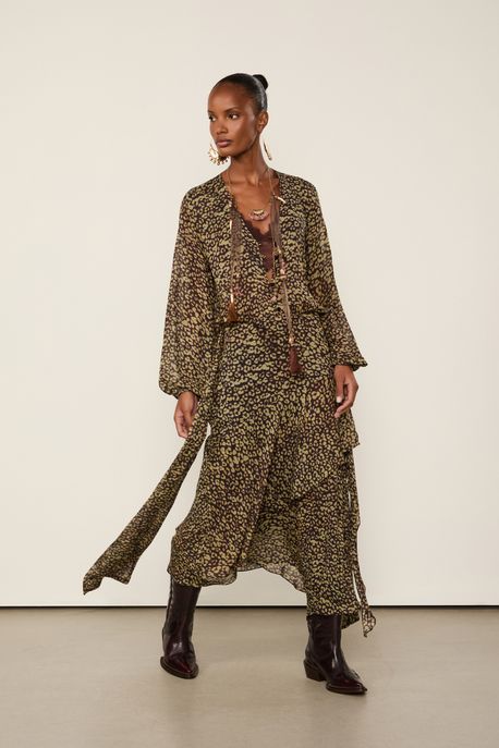 Vestido De Georgette Leve Midi Camisaria Estampado Est Onca Tina Color - 34