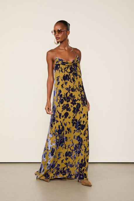 Vestido De Veludo Devorê Longo De Alça Mostarda / Marinho - 34