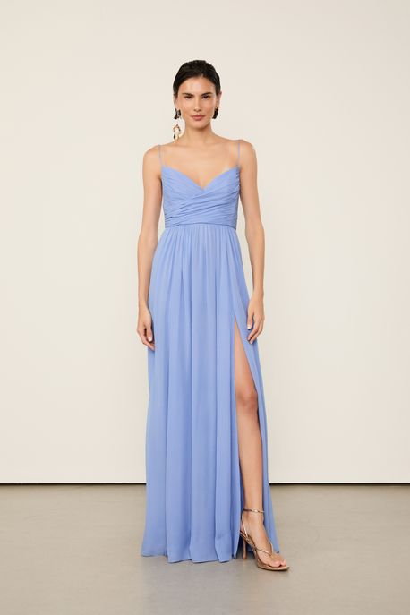 Vestido De Geogette Leve Longo Azul Fendas Azul Hortensia - 34