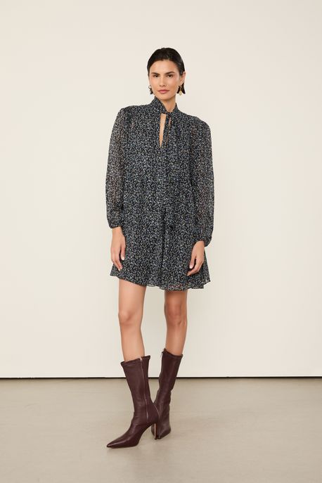 Vestido De Georgette Curto Manga Longa Estampado Est Textura Drops p - 38