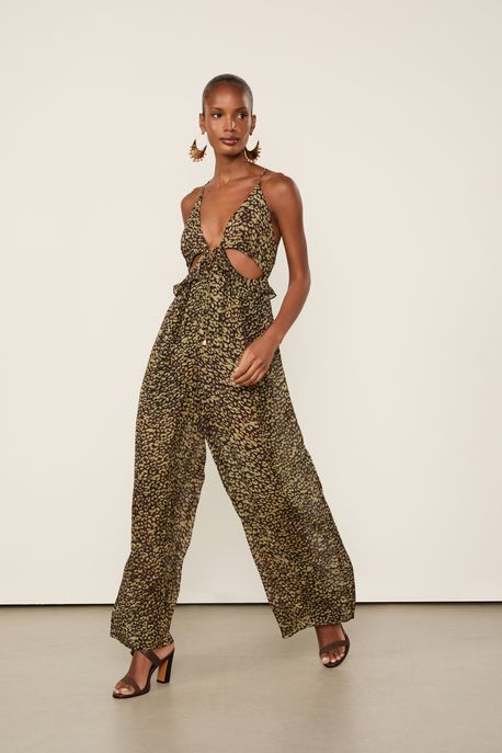 Macacão De Georgette Leve Amarração Frontal Estampado Est Onca Tina Color - 36