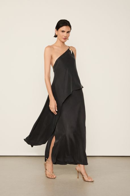 Saia De Seda Midi Preta Fenda Lateral Preto - 34