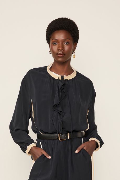 Overtop Bomber Preto Com Detalhe Bege Preto Velvet / Bege Sisal / Bege Tofu - 40