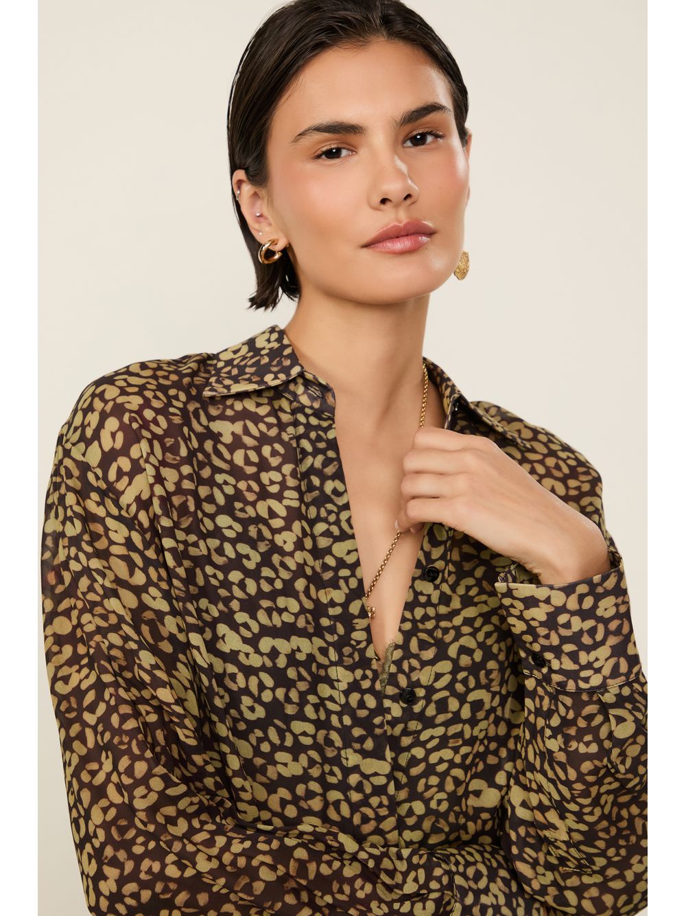 Animale — Camisa De Gerogette Manga Longa Ampla Estampa Onça Color Tina