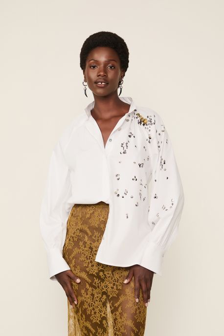 Camisa De Tricoline Com Bordado Branco - 40