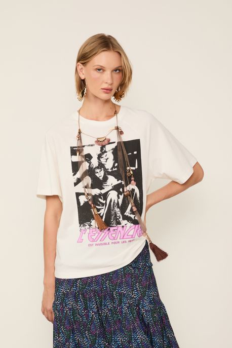 T-Shirt De Malha Fun Com Detalhe De Silk Emborrachado Off White - PP