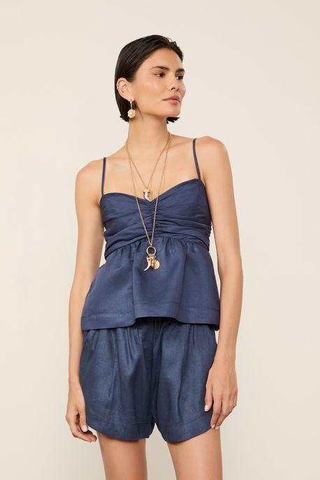 Bata De Linho Busto Franzido Azul Azul Denin 19-4025 Tcx - 42