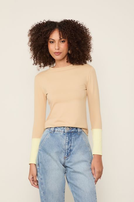 Blusa Manga Comprida Bicolor Bege Bege Sisal / Amarelo Lua - P