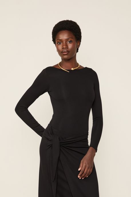 Body De Malha Manga Longa Com Decote Preto Preto - PP