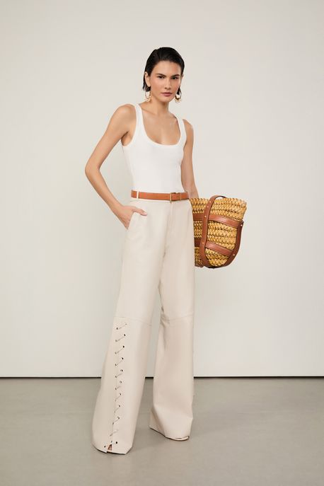 Calça De Couro Lateral Detalhe Ilhoses Bege Baia - 42