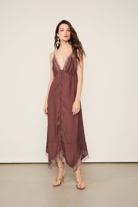 Vestido De Jacquard Midi Marrom Detalhes De Renda Marrom Dries - 42