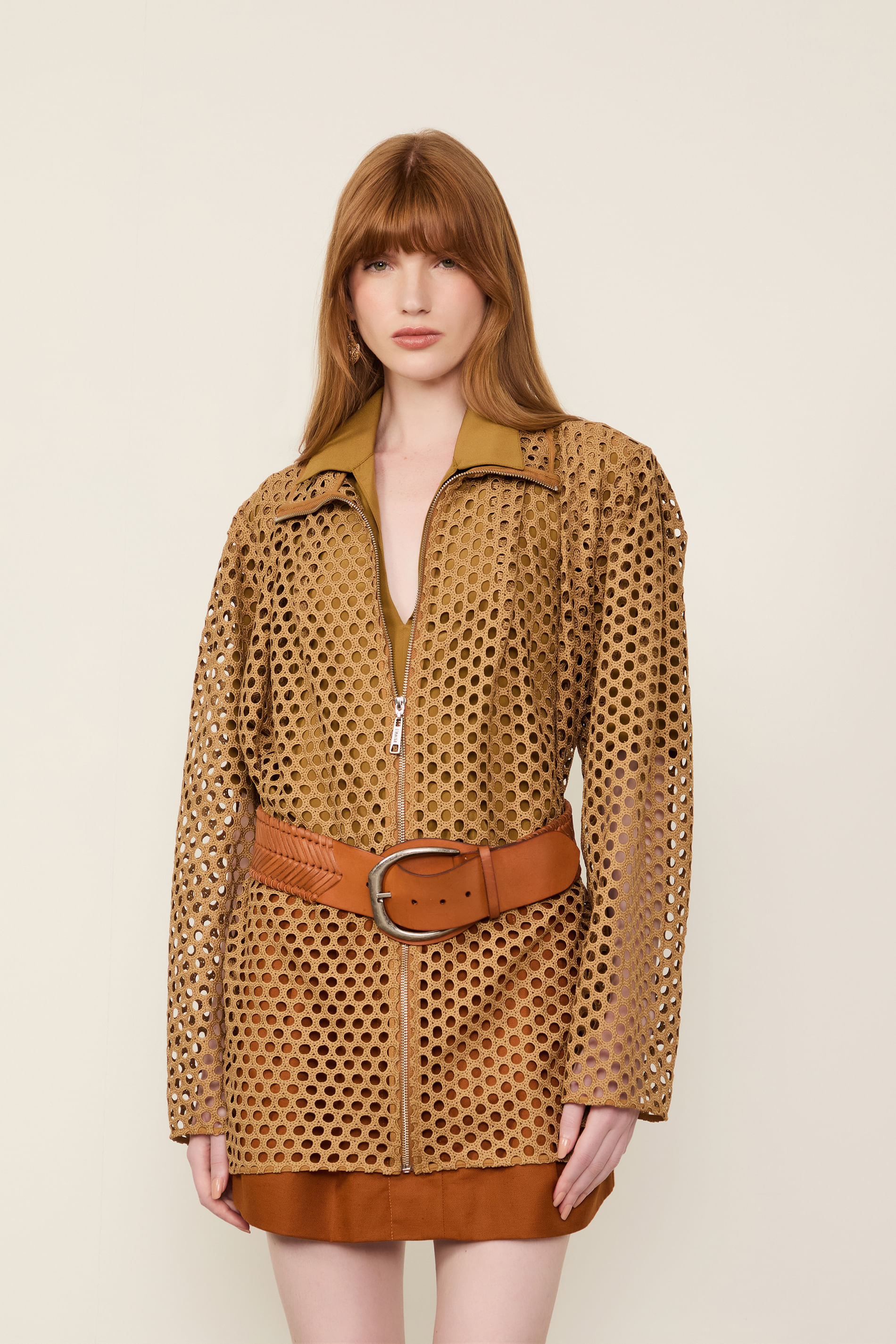 Parka Com Vazados Marrom Sepia