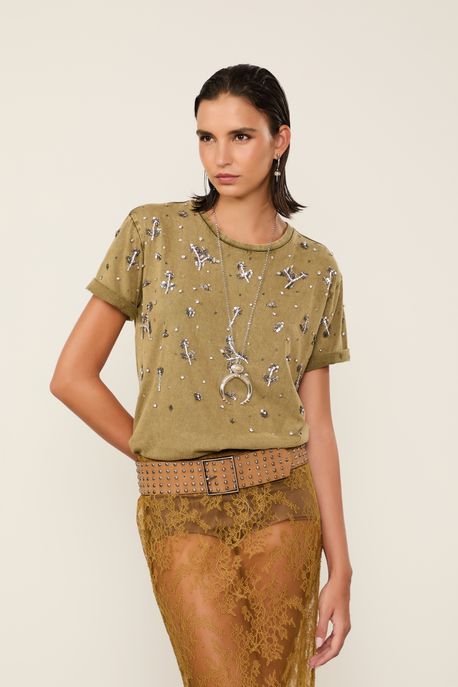 T-Shirt De Malha Estonada Bordada a Mão Verde Marche - G