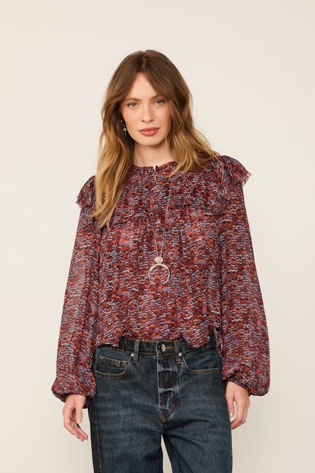 Blusa De Georgette Estampada Manga Longa Com Babados Est Fig Fly Color - M