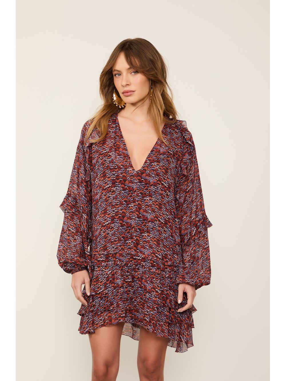 Animale — Vestido De Georgette Curto Estampado Manga Longa Com Babados