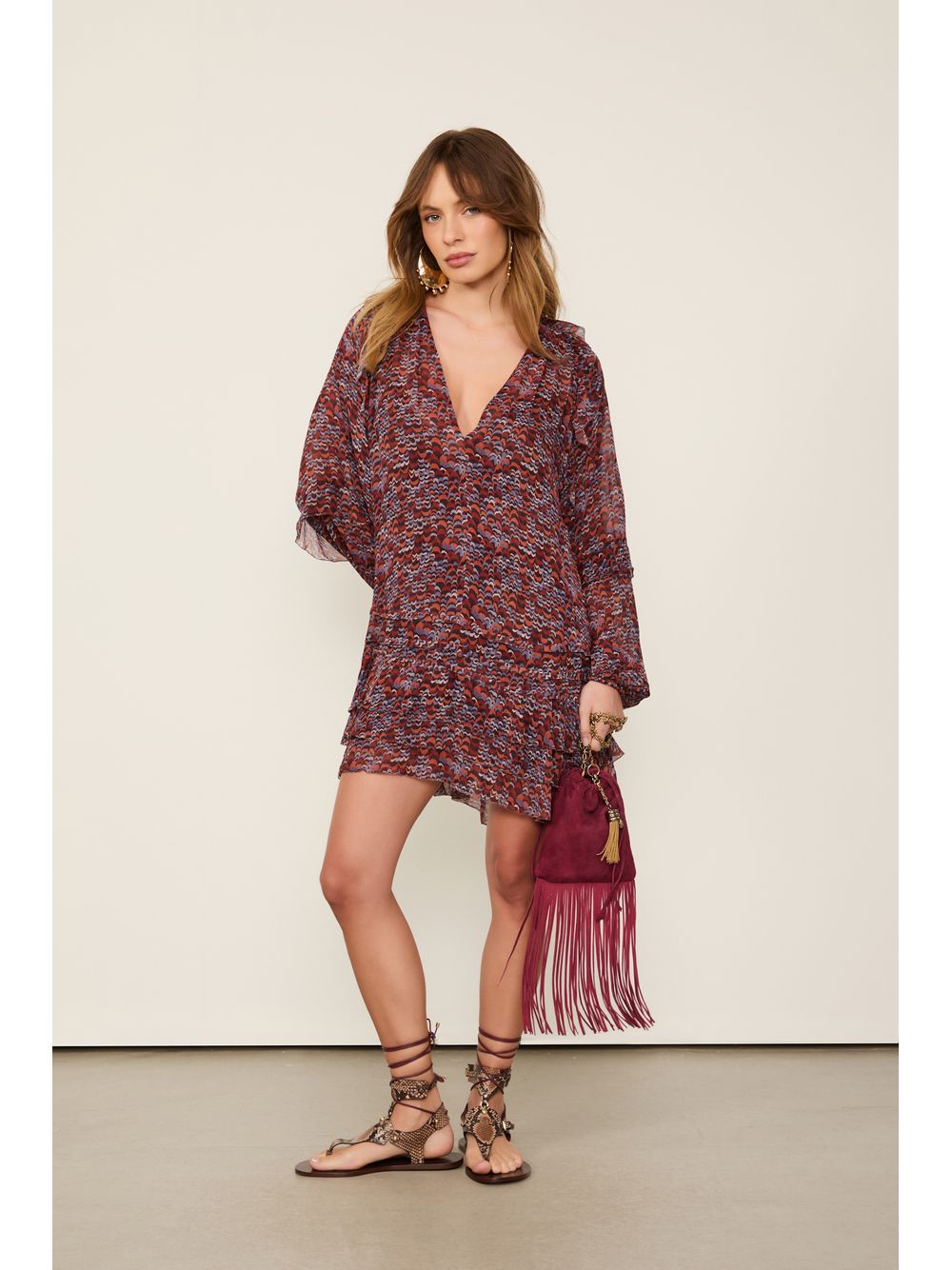 Animale — Vestido De Georgette Curto Estampado Manga Longa Com Babados