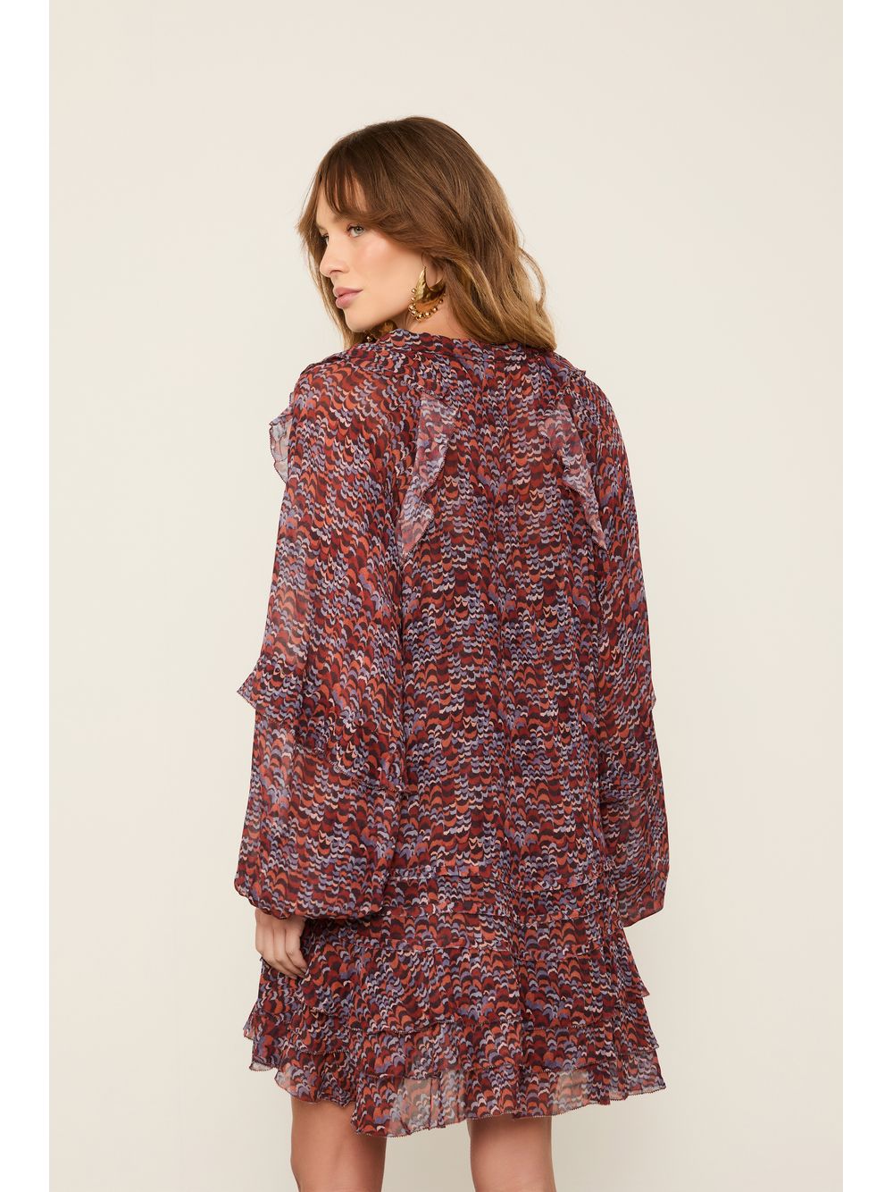 Animale — Vestido De Georgette Curto Estampado Manga Longa Com Babados