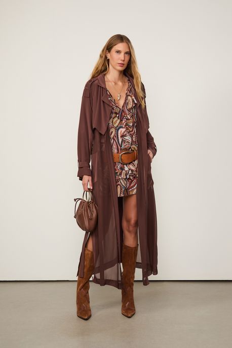Trench Coat De Seda Longo Marrom Com Faixa Marrom Dries - P