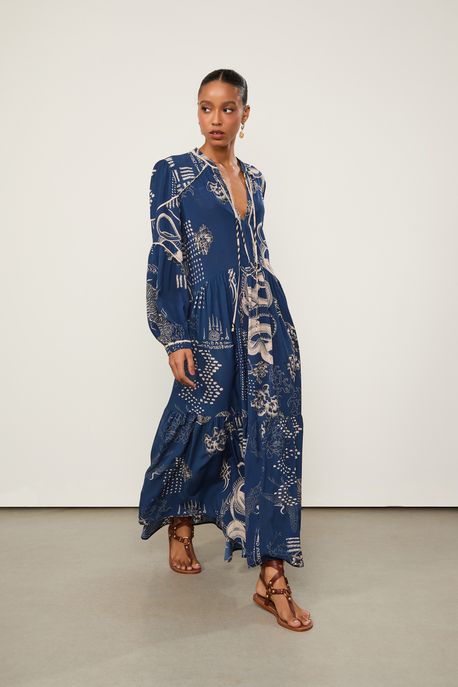 Vestido Midi Estampado Est Dragao Skin Azul e Pele - 42
