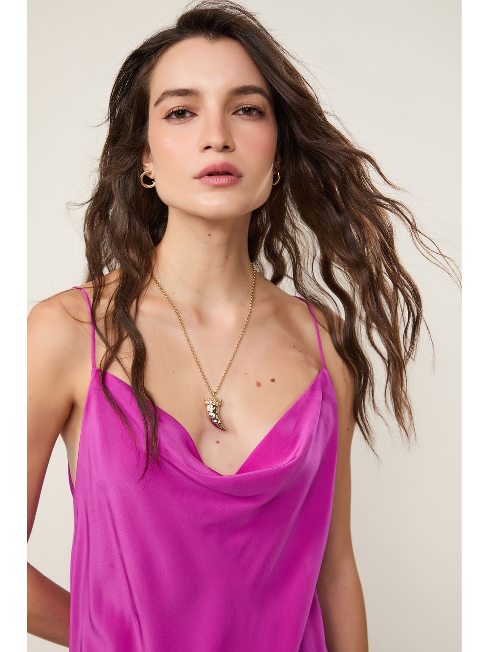 Animale — Slip Dress De Seda Rosa Tinta Decote Degagê