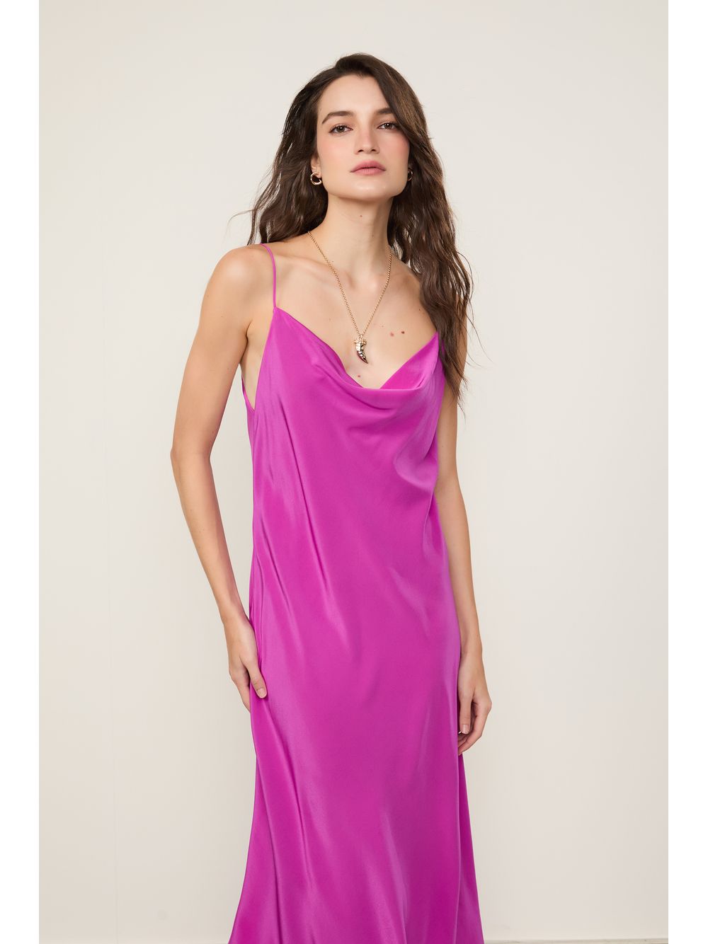 Animale — Slip Dress De Seda Rosa Tinta Decote Degagê