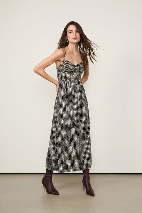 Vestido De Algodão Midi Estampado Est Geo Starlight Preto e Tofu - 44