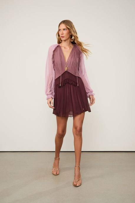 Vestido De Chiffon Curto Com Manga Tricolor Marrom Rose - 44