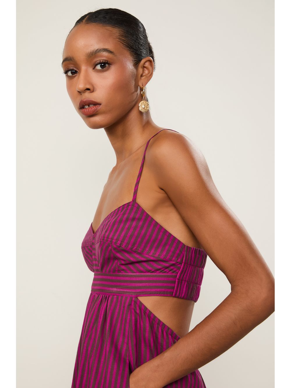 Animale — Vestido De Voil De Algodão Recortes Listrado Rosa