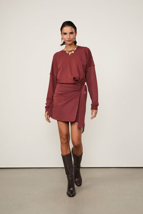 Vestido De Moletom Estonado Com Saia Pareô Marrom Boho - P