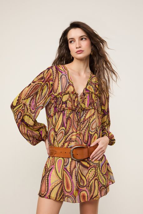 Vestido De Georgette Leve Curto Manga Longa Estampado Est Paisley Anna Color Rosa - 40