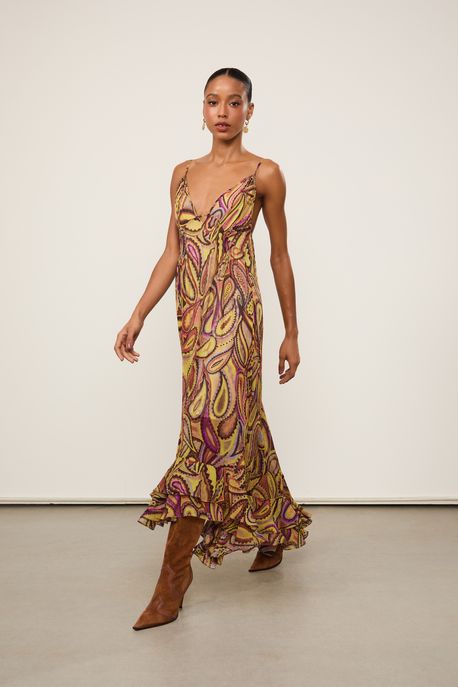 Vestido De Georgette Leve Longo De Alça Estampado Est Paisley Anna Color Rosa - 38