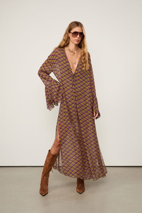 Vestido De Georgette Leve Midi Amplo Estampado Decote Arramação Est Geo Nicks Color - 34