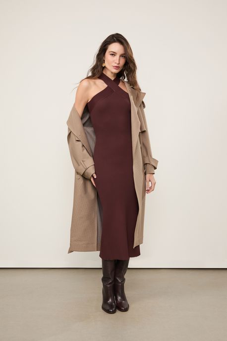 Vestido De Tricot Midi Com Decote Cruzado e Fenda Costas Marrom Dries - G