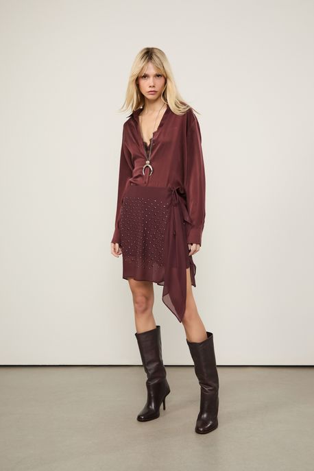 Saia De Georgette Curta Amarração Marrom Boho Com Aplicações De Tacha Marrom Boho - 44