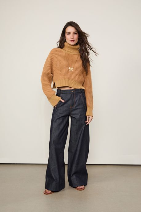Calça Jeans Reta Raw Cintura Alta Jeans Escuro - 40