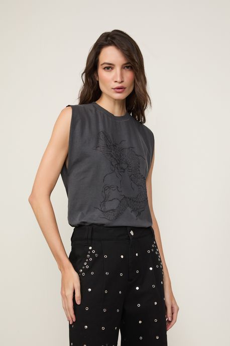 Regata Fun Estonada Com Silk Dragão Preto - GG