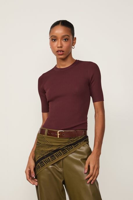 T-Shirt De Tricot Canelado Básica Marrom Boho - M