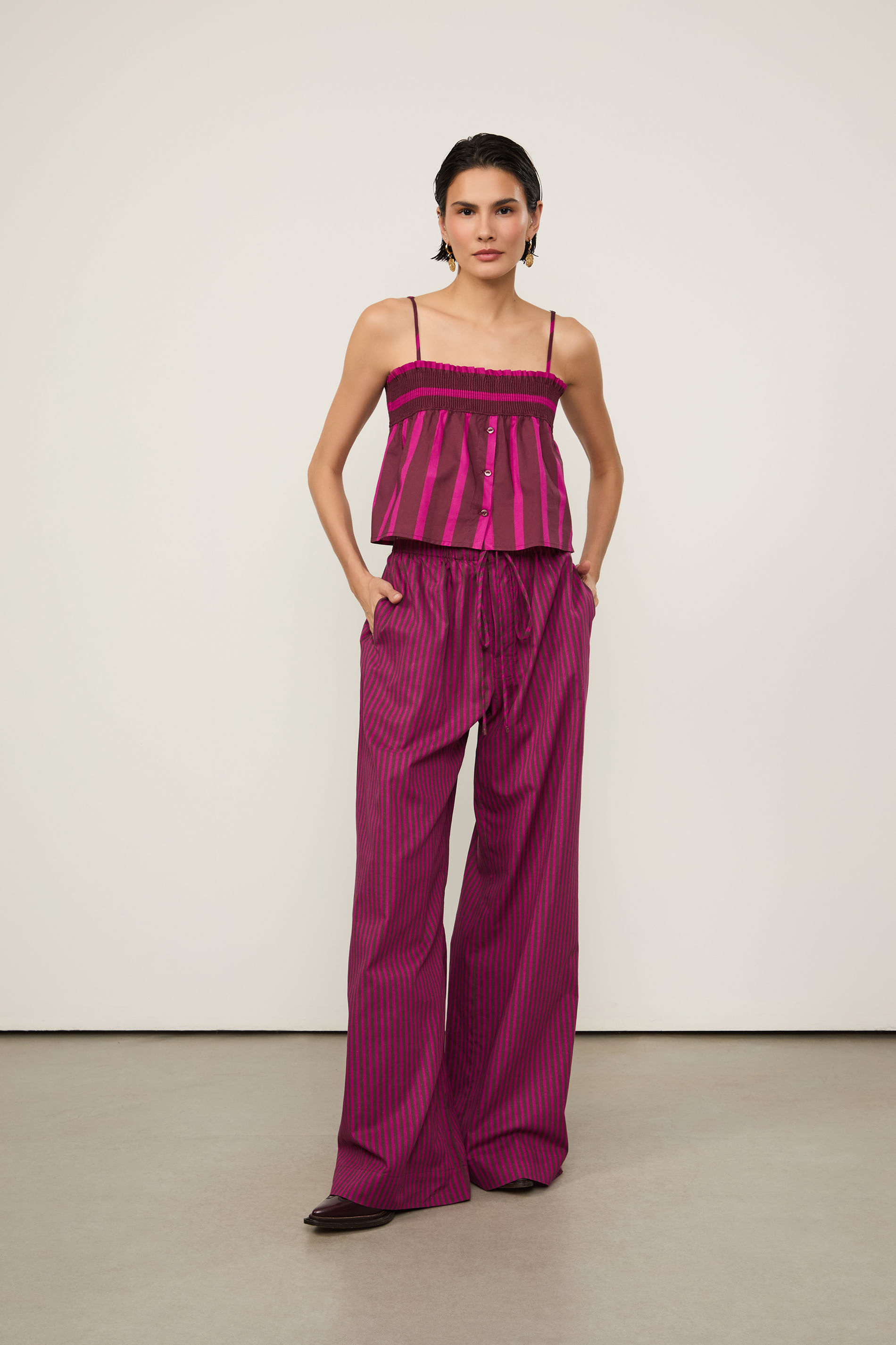 Top De Voil De Algodão Cropped Listrado Rosa