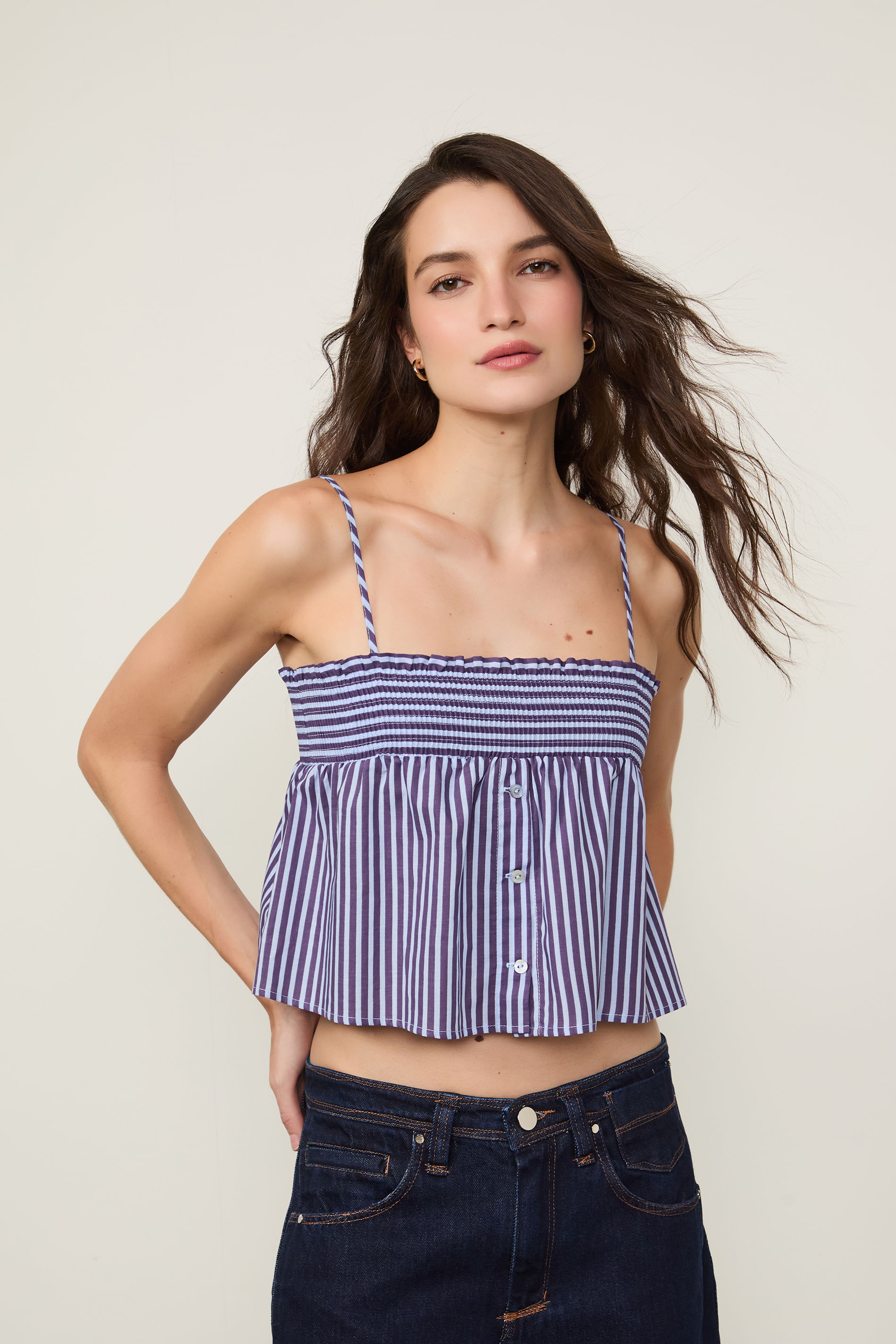 Top De Voil De Algodão Cropped Listrado Azul
