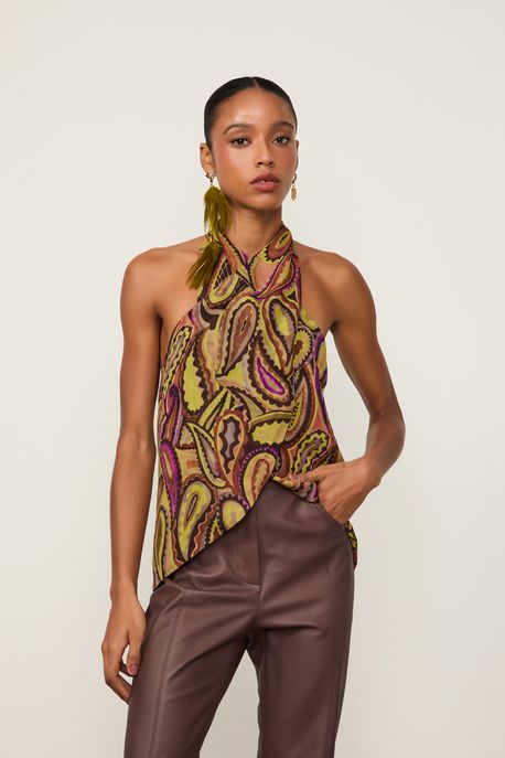 Blusa De Georgette Leve Frente Única Estampada Decote Cruzado Est Paisley Anna Color Rosa - 42