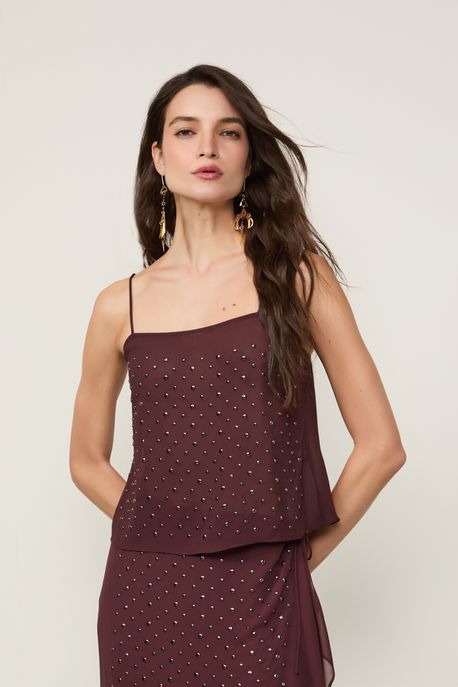 Top De Georgette De Alça Marrom Boho Com Aplicações De Tacha Marrom Boho - 38