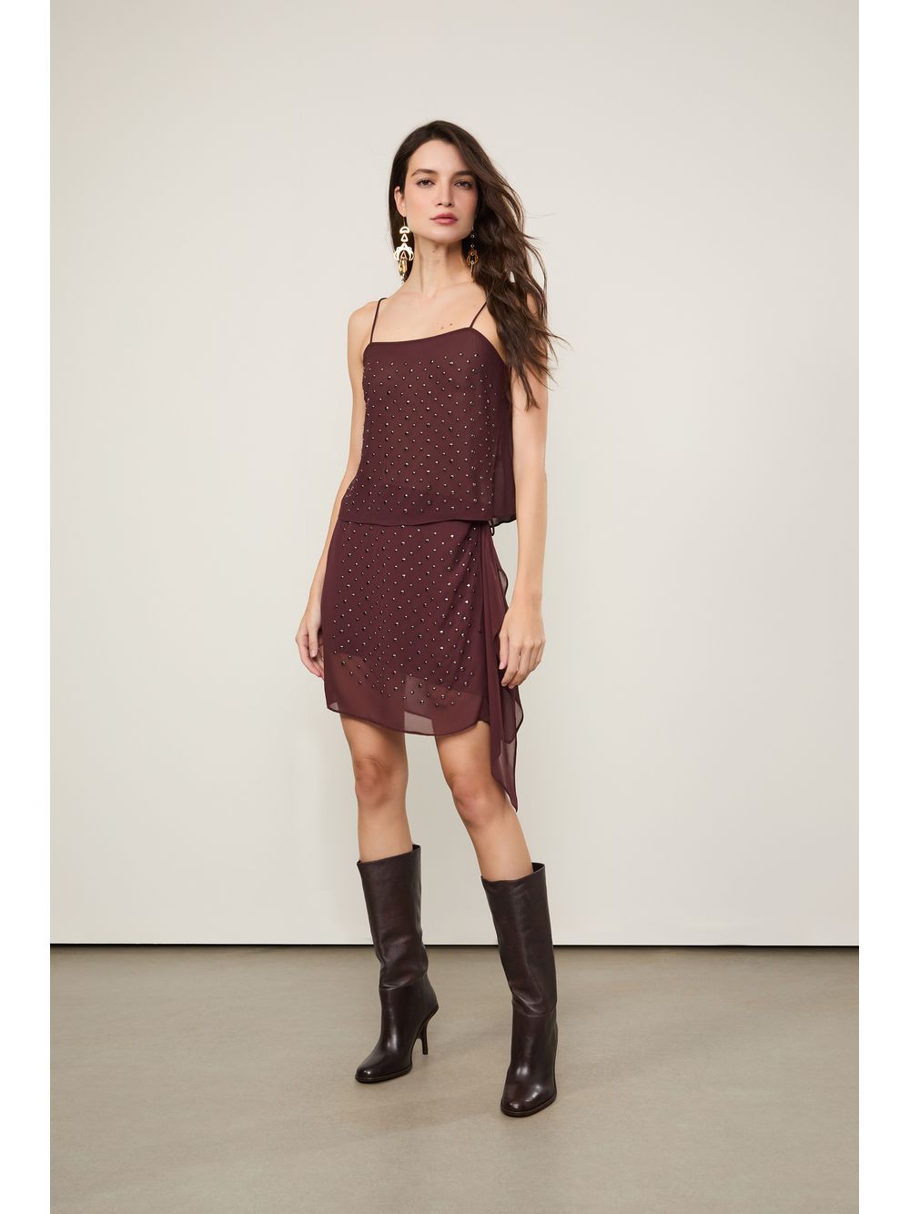 Animale — Top De Georgette De Alça Marrom Boho Com Aplicações De Tacha