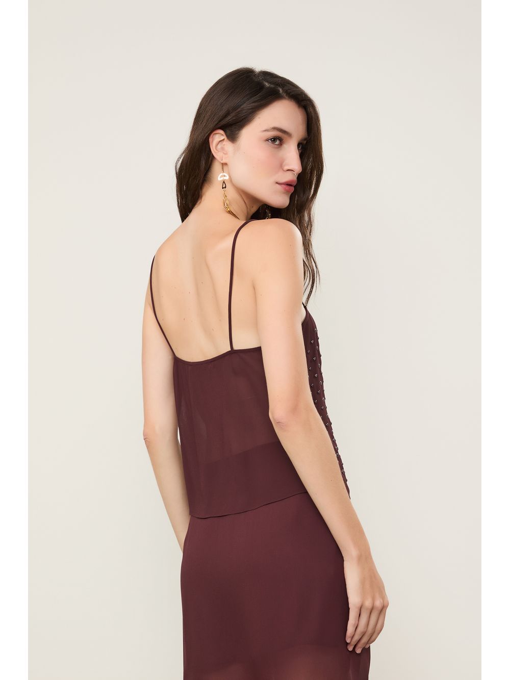 Animale — Top De Georgette De Alça Marrom Boho Com Aplicações De Tacha