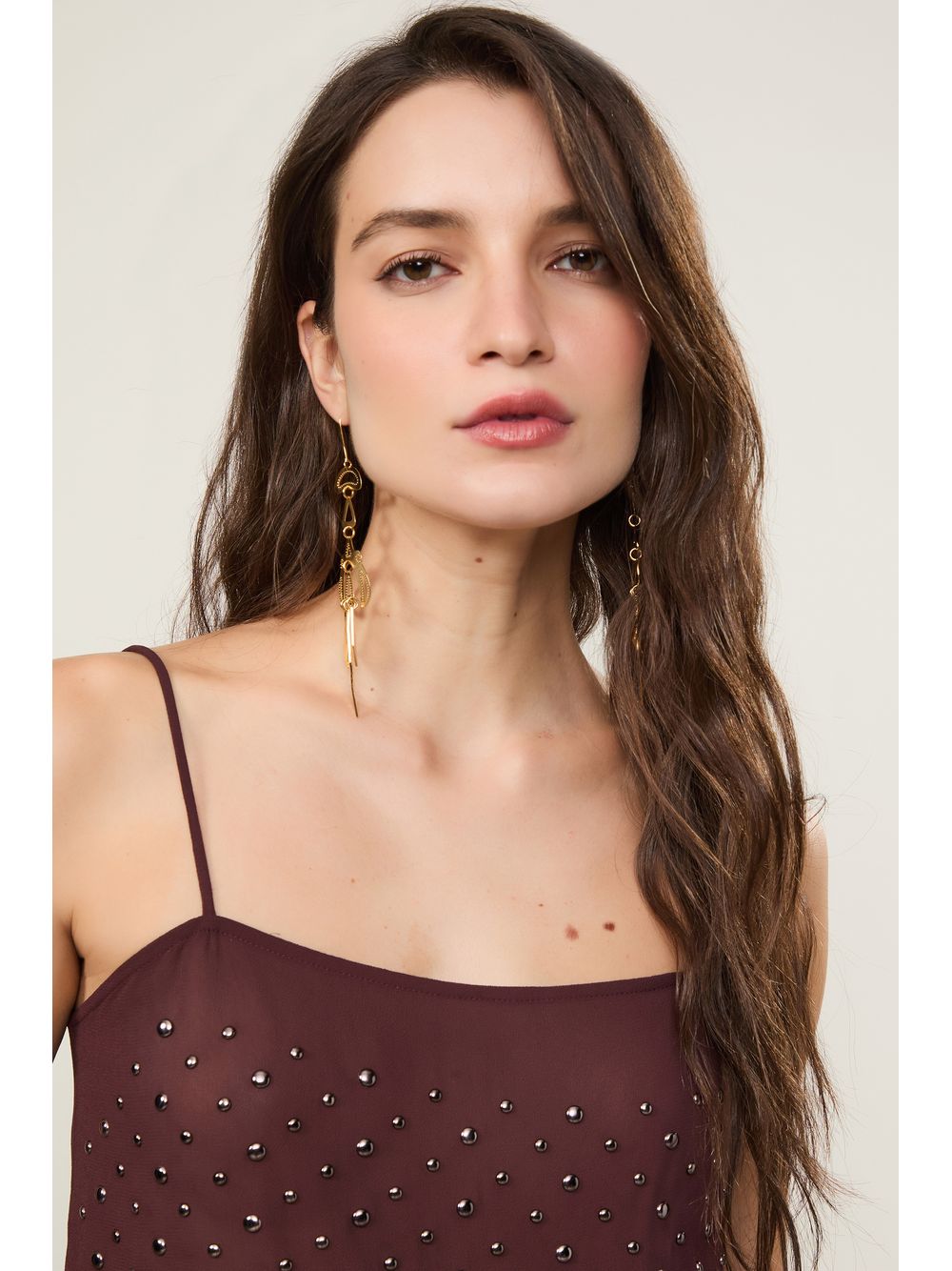 Animale — Top De Georgette De Alça Marrom Boho Com Aplicações De Tacha