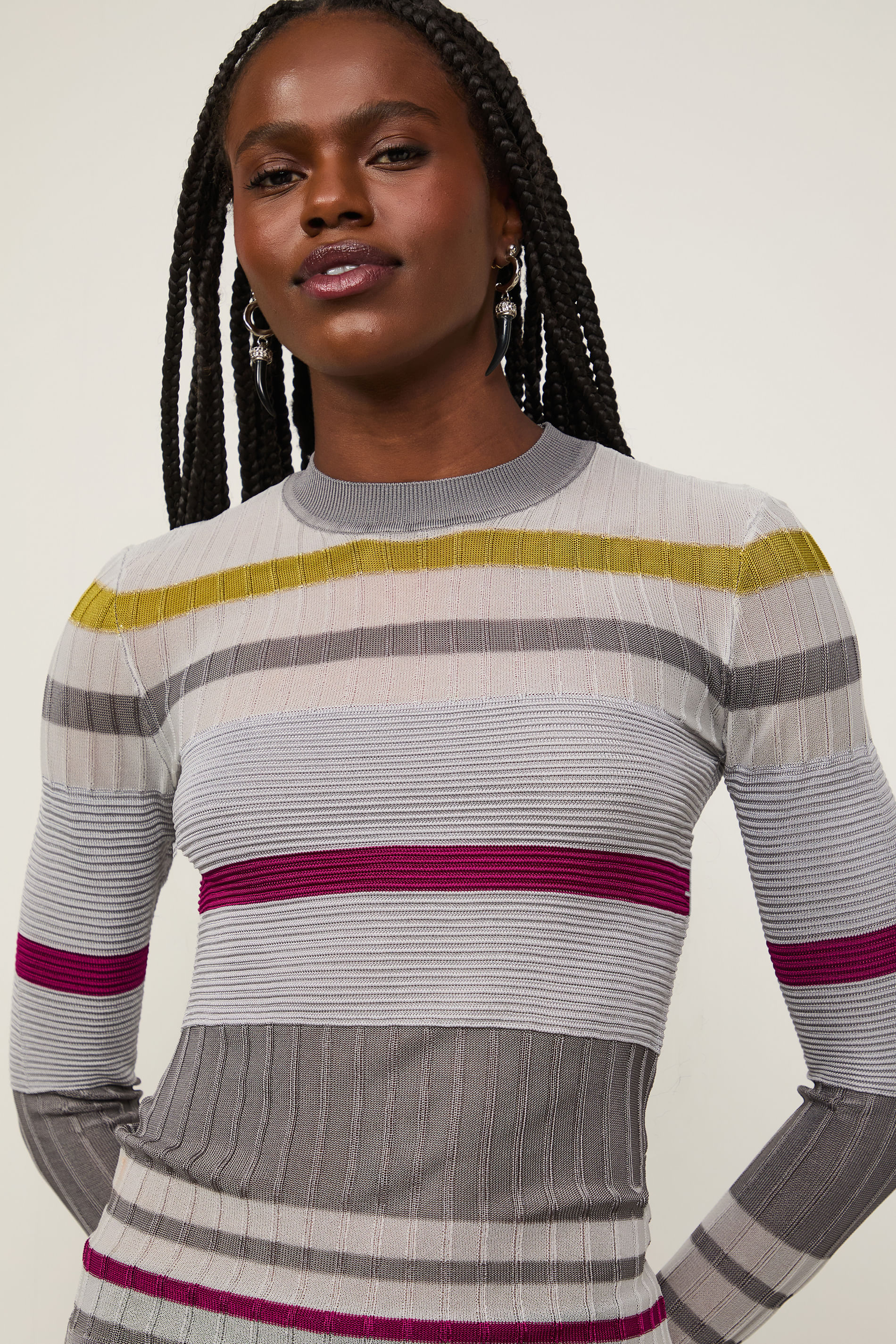 Blusa De Tricot Manga Longa Listras Colors Com Transparência