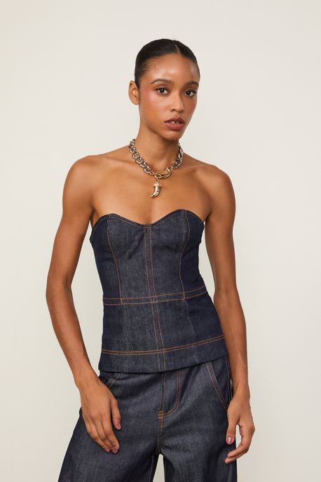 Blusa Sem Alça Jeans Raw Jeans Escuro - M
