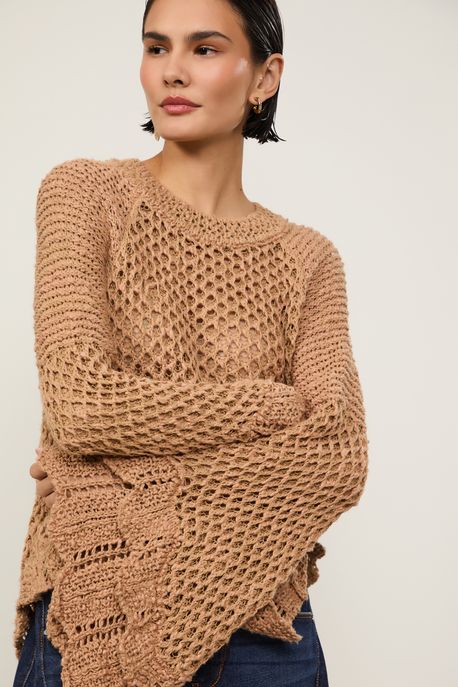 Bata De Tricot Com Maxi Manga Sino Bege Sisal - P