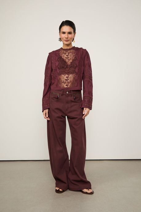 Blusa Manga Longa De Voil De Algodão Bordado Com Renda Marrom Boho - M