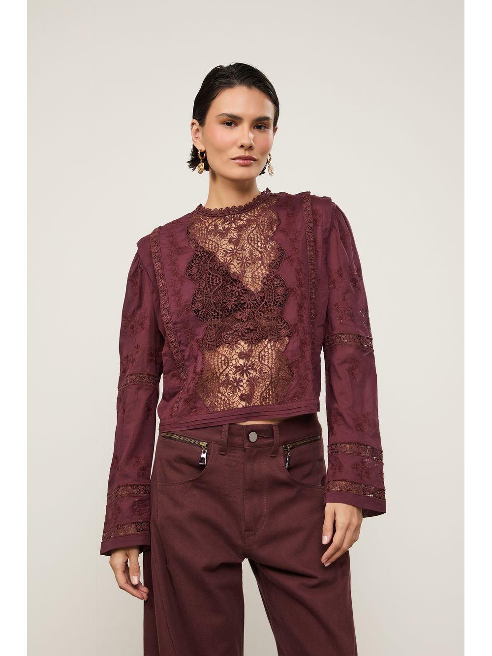 Animale — Blusa Manga Longa De Voil De Algodão Bordado Com Renda